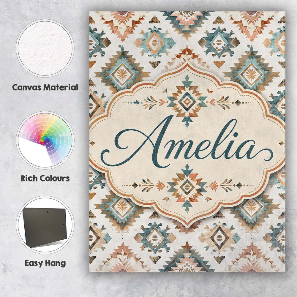 Personalised Name Soft Pastel Aztec Geometric Custom Unique Gift Idea Modern Room Accent Canvas Wall Art Print Decor Picture Ready to Hang