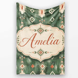 Rustic Green Tribal Ikat Geometric Seamless Pattern Cute Unique Gift  Personalised Custom Name Super Soft Fleece Blanket Bed Sofa Throw