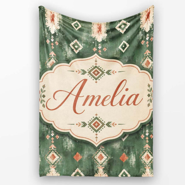 Rustic Green Tribal Ikat Geometric Seamless Pattern Cute Unique Gift  Personalised Custom Name Super Soft Fleece Blanket Bed Sofa Throw
