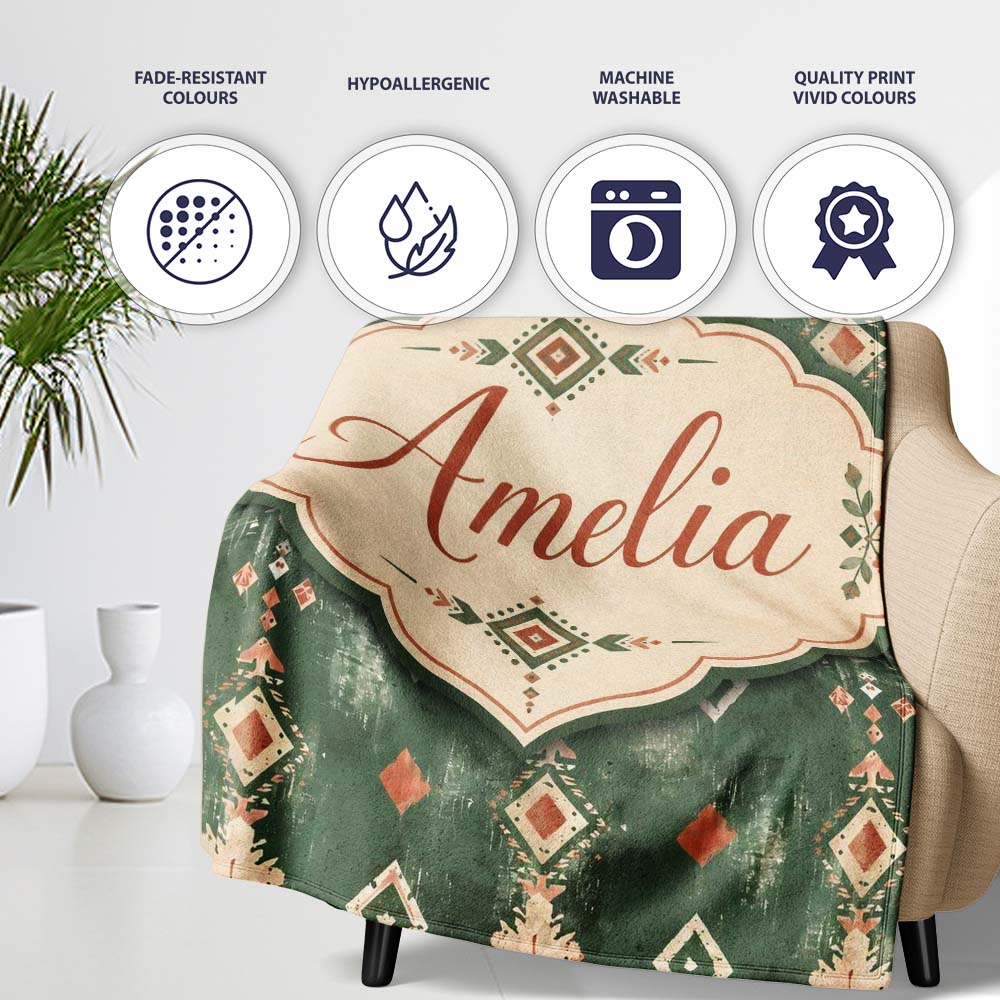 Rustic Green Tribal Ikat Geometric Seamless Pattern Cute Unique Gift  Personalised Custom Name Super Soft Fleece Blanket Bed Sofa Throw