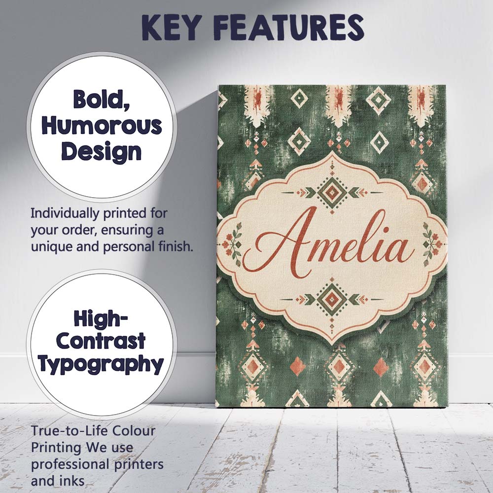 Personalised Name Rustic Green Tribal Ikat Custom  Unique Gift Idea Elegant Feature Canvas Wall Art Print Decor Picture Ready to Hang