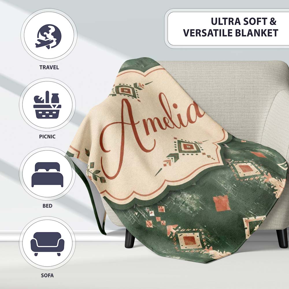 Rustic Green Tribal Ikat Geometric Seamless Pattern Cute Unique Gift  Personalised Custom Name Super Soft Fleece Blanket Bed Sofa Throw