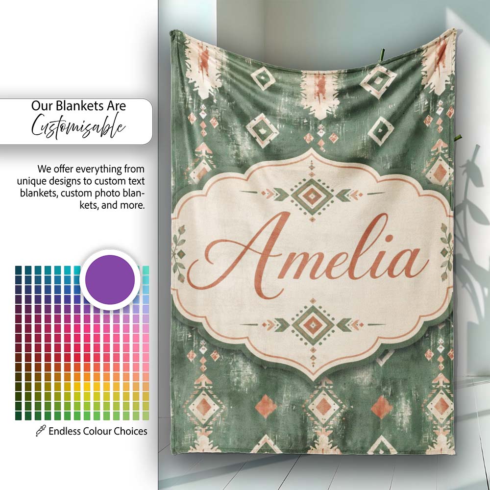 Rustic Green Tribal Ikat Geometric Seamless Pattern Cute Unique Gift  Personalised Custom Name Super Soft Fleece Blanket Bed Sofa Throw
