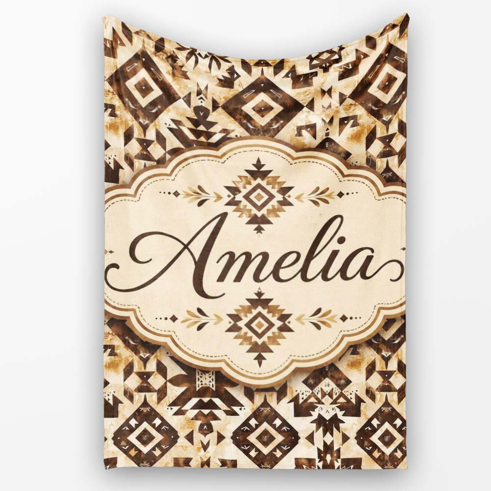 Vintage Brown Tribal Aztec Ornamental Seamless Pattern Lovely  Personalised Custom Name Super Soft Fleece Blanket Bed Sofa Throw