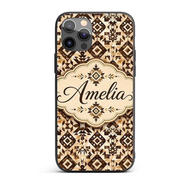 Vintage Brown Tribal Aztec Ornamental Seamless Custom Name Protective Phone Case Mobile Cover Durable Everyday Smartphone Shock Resistant