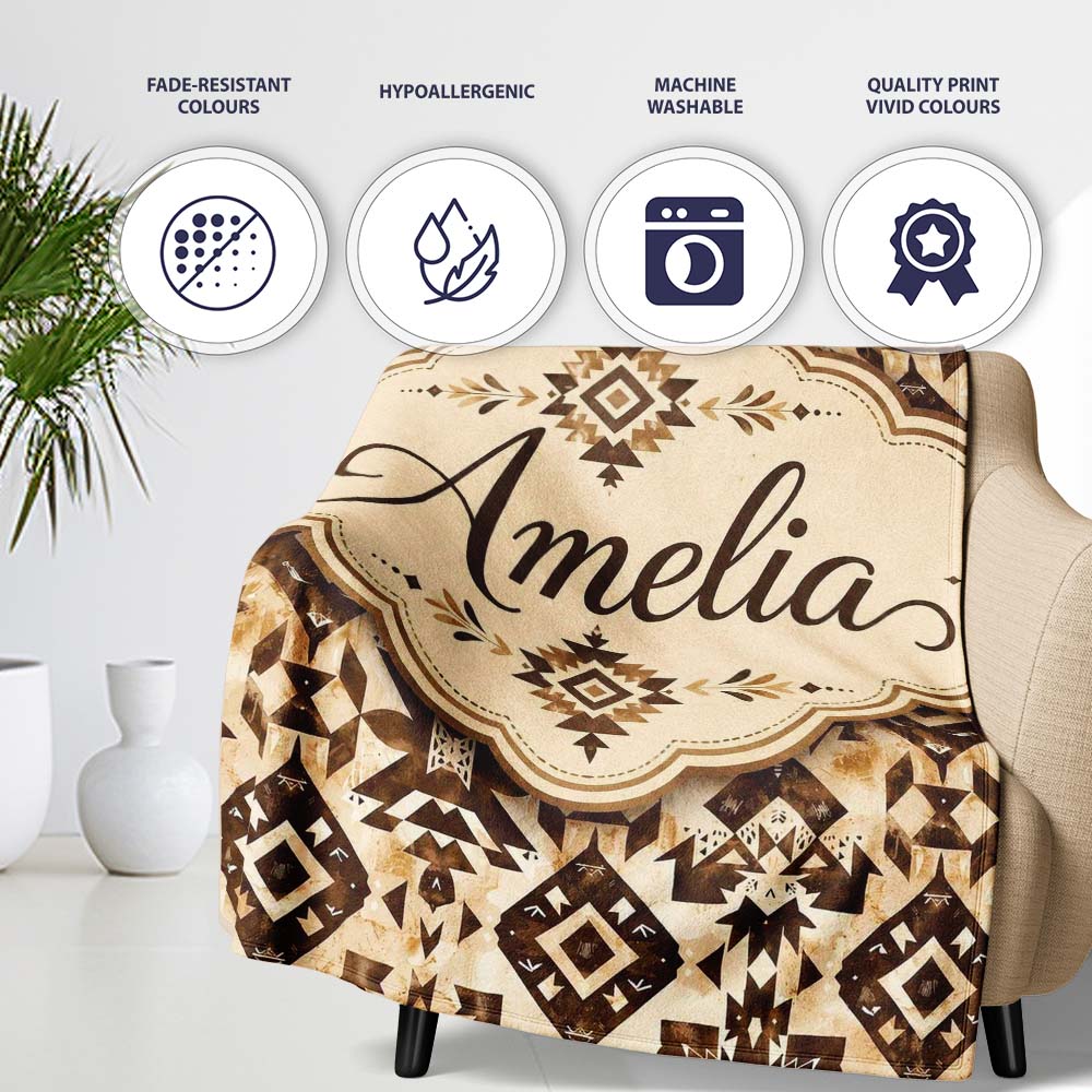 Vintage Brown Tribal Aztec Ornamental Seamless Pattern Lovely  Personalised Custom Name Super Soft Fleece Blanket Bed Sofa Throw