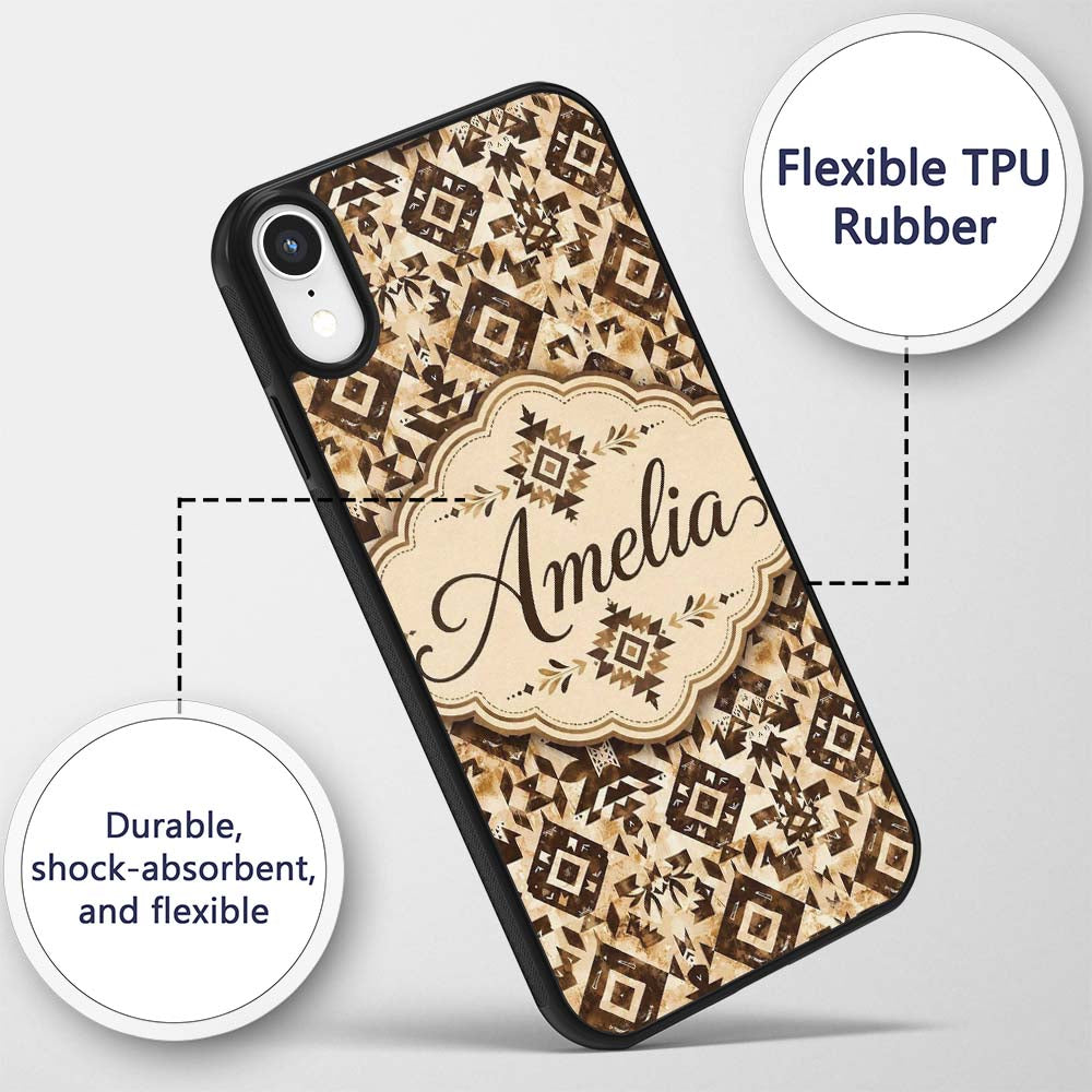 Vintage Brown Tribal Aztec Ornamental Seamless Custom Name Protective Phone Case Mobile Cover Durable Everyday Smartphone Shock Resistant