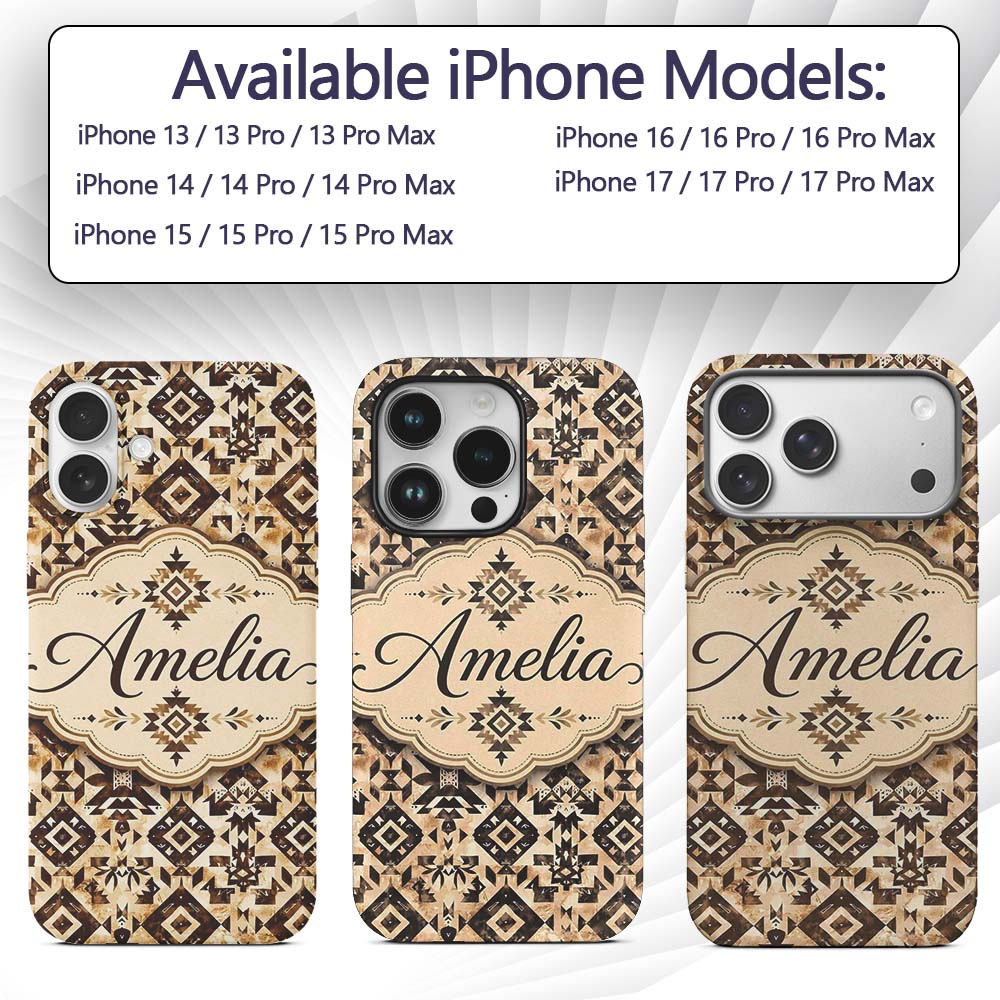 Vintage Brown Tribal Aztec Ornamental Seamless Custom Name Protective Phone Case Mobile Cover Durable Everyday Smartphone Shock Resistant