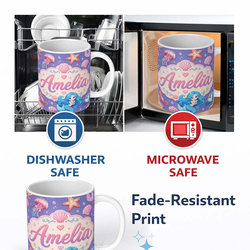 Personalized Custom Name Cute Blue Mermaid Jellyfish Seahorse and Ocean Creatures Purple 11oz Ceramic Coffee Tea Mug White Large Handle