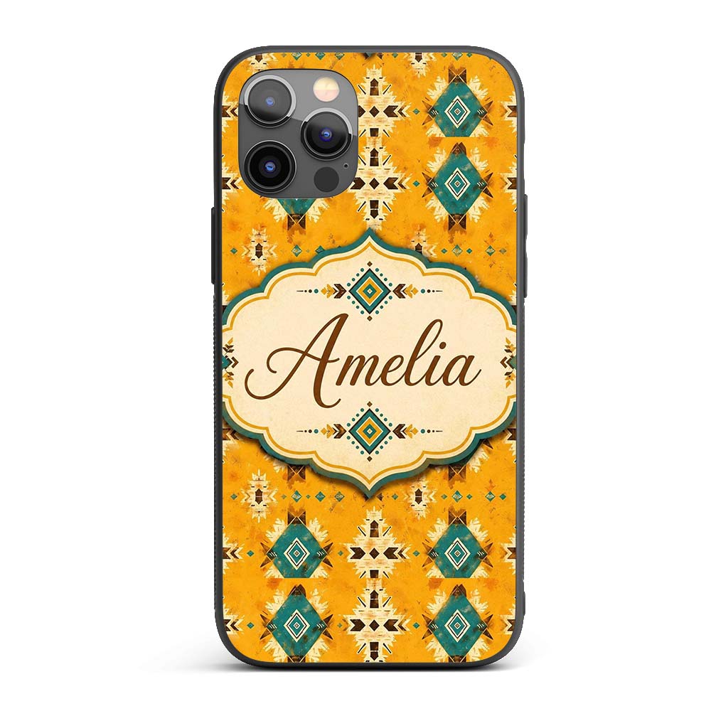 Bold Yellow and Teal Aztec Decorative Design Custom Name Protective Phone Case Mobile Cover Durable Everyday Smartphone Shock Resistant