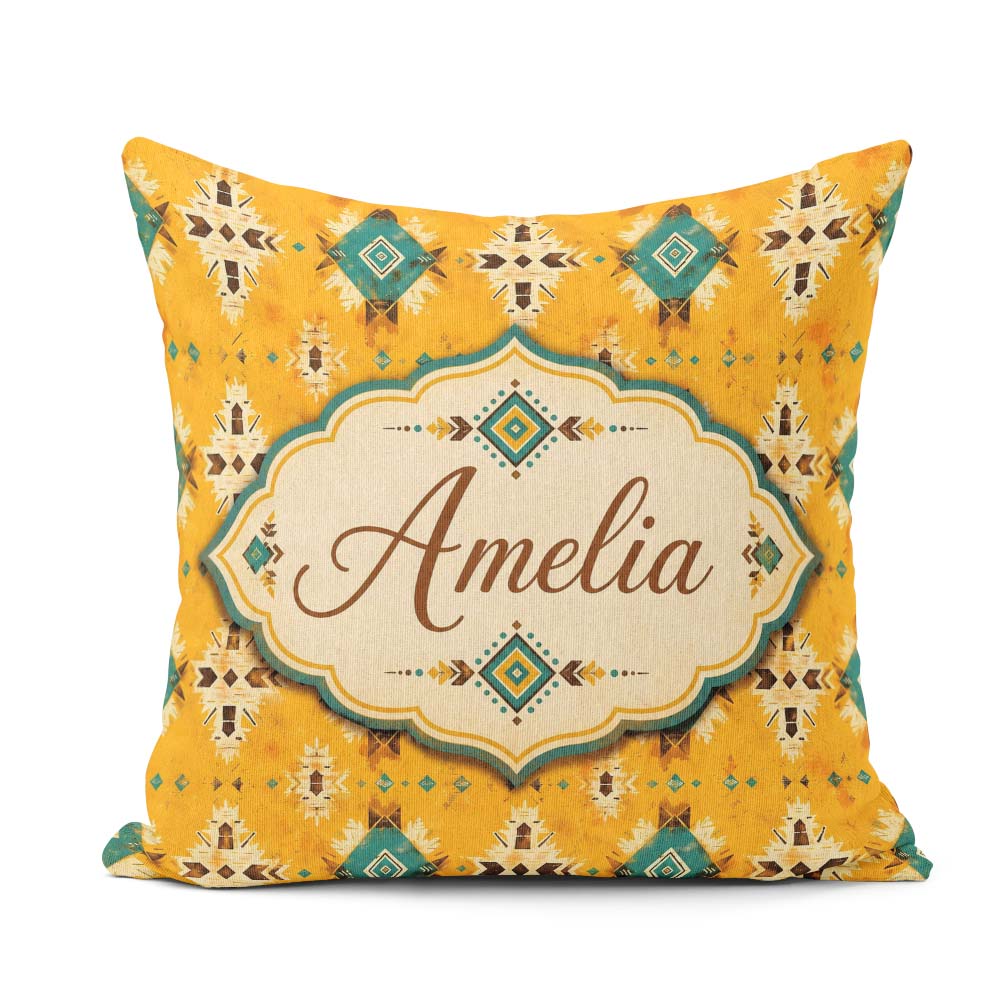 Custom Name Bold Yellow and Teal Aztec Geometric Tribal Seamless Square Filled Cushion Throw Pillow Sofa Bed Home Decor Zip Washable UK Made