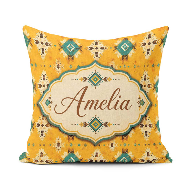 Custom Name Bold Yellow and Teal Aztec Geometric Tribal Seamless Square Filled Cushion Throw Pillow Sofa Bed Home Decor Zip Washable UK Made