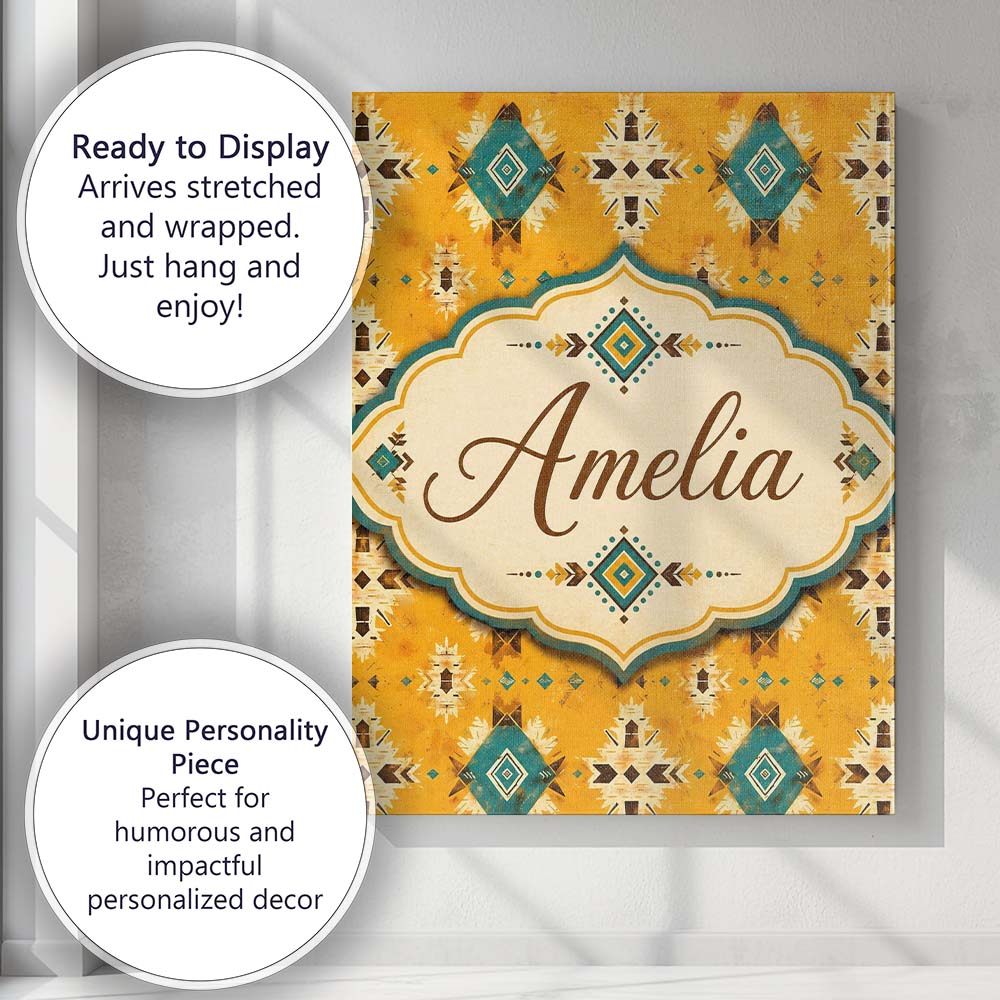 Personalised Name Bold Yellow and Teal Custom  Modern Room Accent Elegant Feature Canvas Wall Art Print Decor Picture Ready to Hang