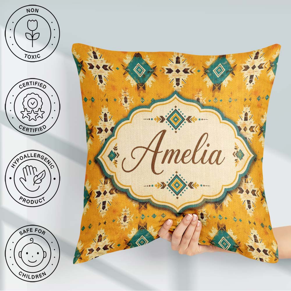 Custom Name Bold Yellow and Teal Aztec Geometric Tribal Seamless Square Filled Cushion Throw Pillow Sofa Bed Home Decor Zip Washable UK Made