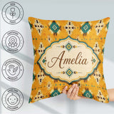 Custom Name Bold Yellow and Teal Aztec Geometric Tribal Seamless Square Filled Cushion Throw Pillow Sofa Bed Home Decor Zip Washable UK Made