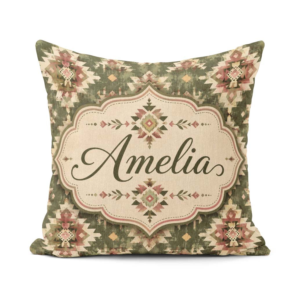 Custom Name Green and Pink Tribal Aztec Geometric Pattern Lovely Square Filled Cushion Throw Pillow Sofa Bed Home Decor Zip Washable UK Made