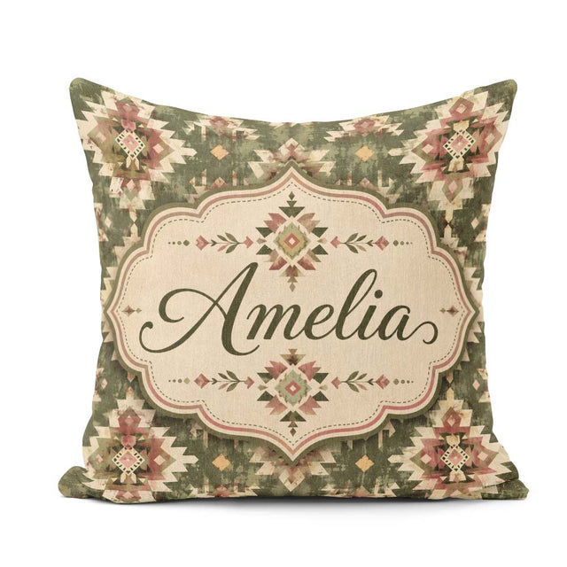 Custom Name Green and Pink Tribal Aztec Geometric Pattern Lovely Square Filled Cushion Throw Pillow Sofa Bed Home Decor Zip Washable UK Made