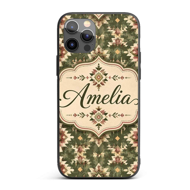Green and Pink Tribal Aztec Geometric Seamless Custom Name Protective Phone Case Mobile Cover Durable Everyday Smartphone Shock Resistant