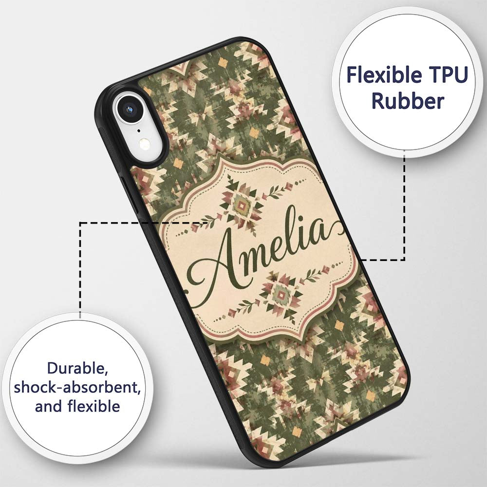 Green and Pink Tribal Aztec Geometric Seamless Custom Name Protective Phone Case Mobile Cover Durable Everyday Smartphone Shock Resistant