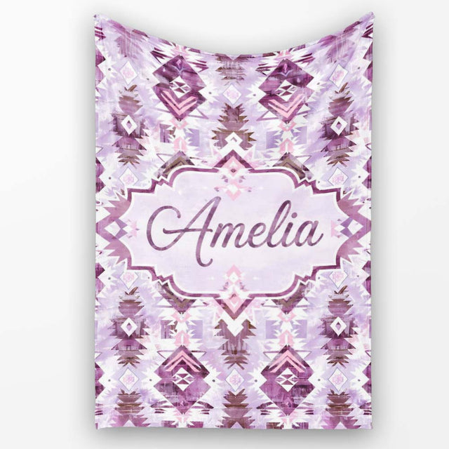 Purple and Lilac Tribal Aztec Geometric Seamless Pattern Lovely  Personalised Custom Name Super Soft Fleece Blanket Bed Sofa Throw