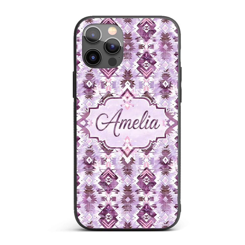 Purple and Lilac Tribal Aztec Geometric Seamless Custom Name Protective Phone Case Mobile Cover Durable Everyday Smartphone Shock Resistant