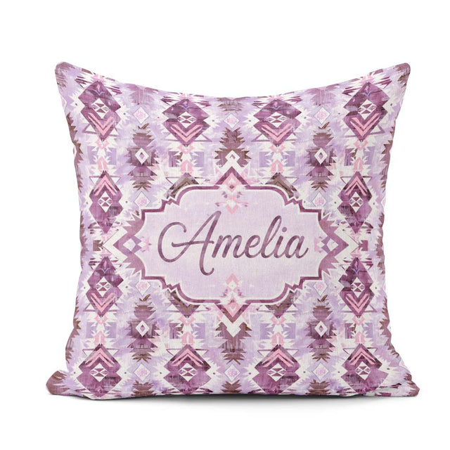 Custom Name Purple Lilac Tribal Aztec Geometric Seamless Pattern Square Filled Cushion Throw Pillow Sofa Bed Home Decor Zip Washable UK Made