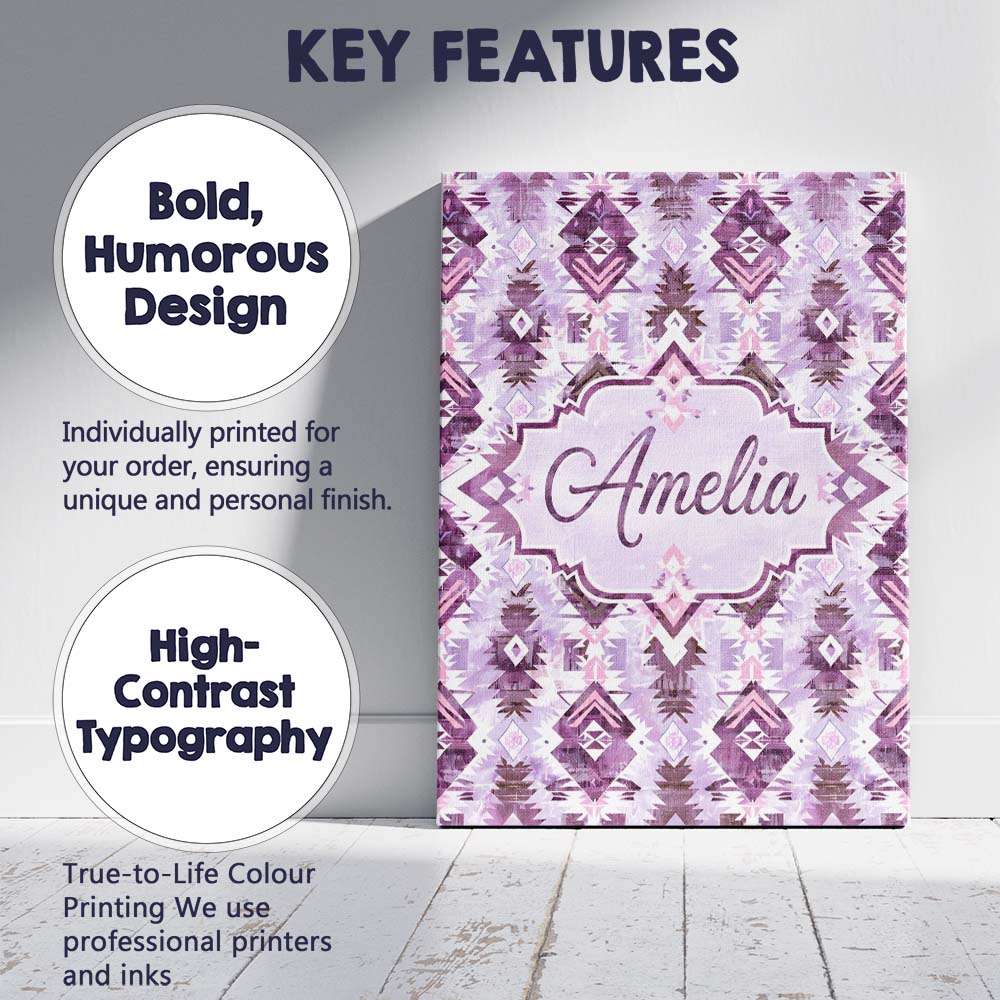 Personalised Name Purple and Lilac Tribal Custom  Unique Gift Idea Elegant Feature Canvas Wall Art Print Decor Picture Ready to Hang