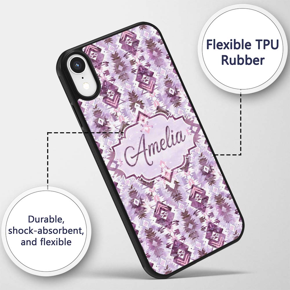 Purple and Lilac Tribal Aztec Geometric Seamless Custom Name Protective Phone Case Mobile Cover Durable Everyday Smartphone Shock Resistant