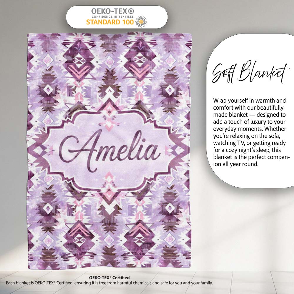 Purple and Lilac Tribal Aztec Geometric Seamless Pattern Lovely  Personalised Custom Name Super Soft Fleece Blanket Bed Sofa Throw