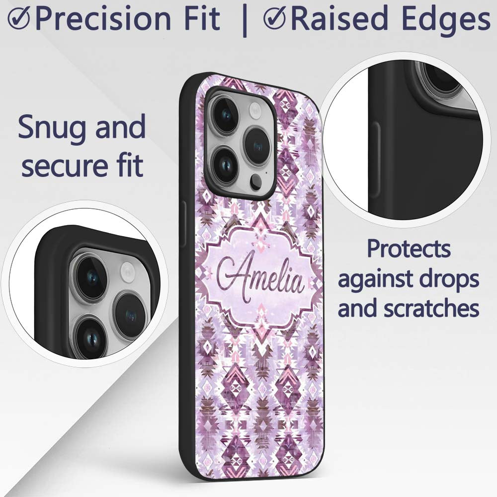 Purple and Lilac Tribal Aztec Geometric Seamless Custom Name Protective Phone Case Mobile Cover Durable Everyday Smartphone Shock Resistant