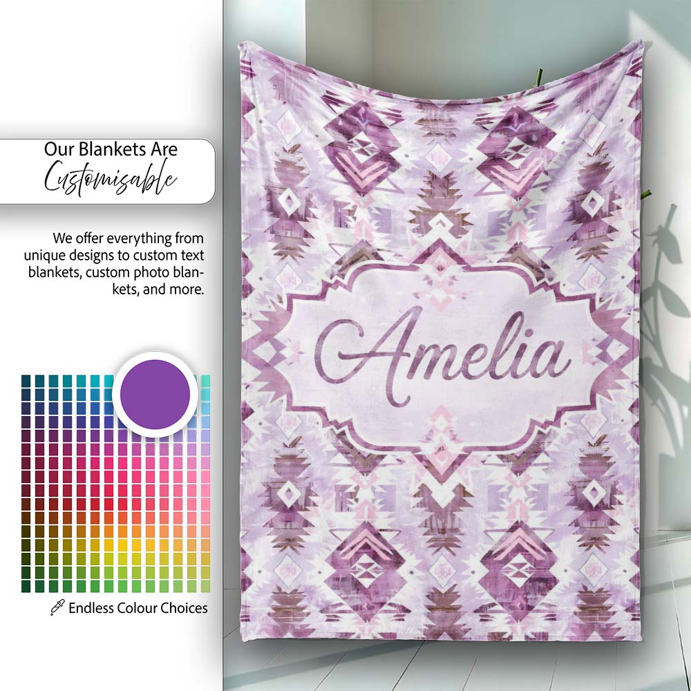 Purple and Lilac Tribal Aztec Geometric Seamless Pattern Lovely  Personalised Custom Name Super Soft Fleece Blanket Bed Sofa Throw