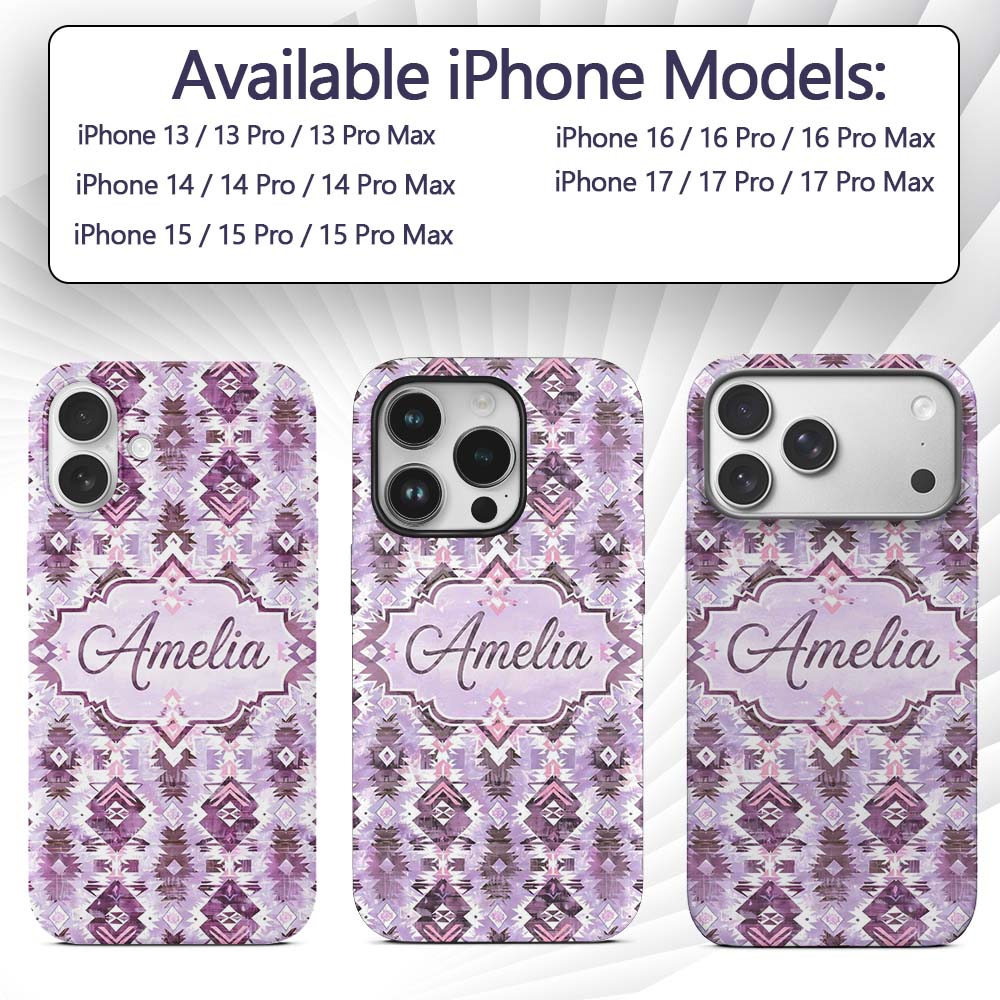 Purple and Lilac Tribal Aztec Geometric Seamless Custom Name Protective Phone Case Mobile Cover Durable Everyday Smartphone Shock Resistant