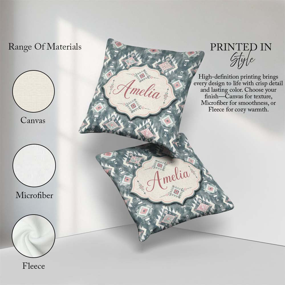 Custom Name Soft Grey and Pink Boho Tribal Seamless Pattern for Square Filled Cushion Throw Pillow Sofa Bed Home Decor Zip Washable UK Made
