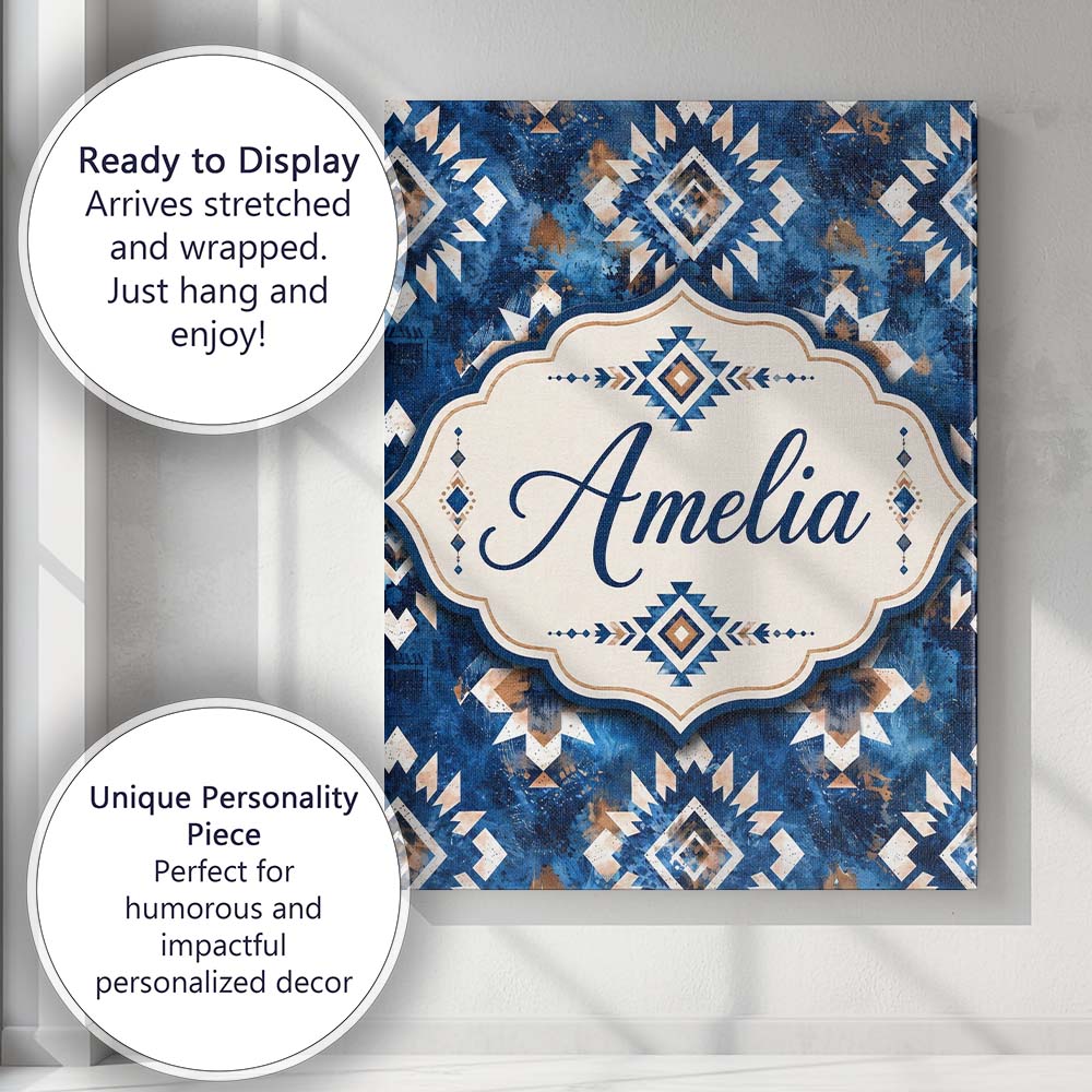 Personalised Name Deep Blue Artistic Tribal Custom  Bespoke Interior Contemporary Canvas Wall Art Print Decor Picture Ready to Hang