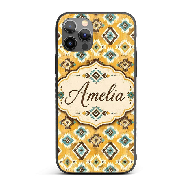 Mustard Yellow and Teal Aztec Geometric Tribal Custom Name Protective Phone Case Mobile Cover Durable Everyday Smartphone Shock Resistant