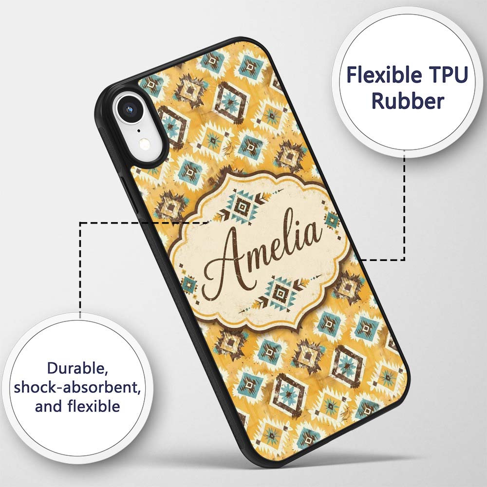 Mustard Yellow and Teal Aztec Geometric Tribal Custom Name Protective Phone Case Mobile Cover Durable Everyday Smartphone Shock Resistant