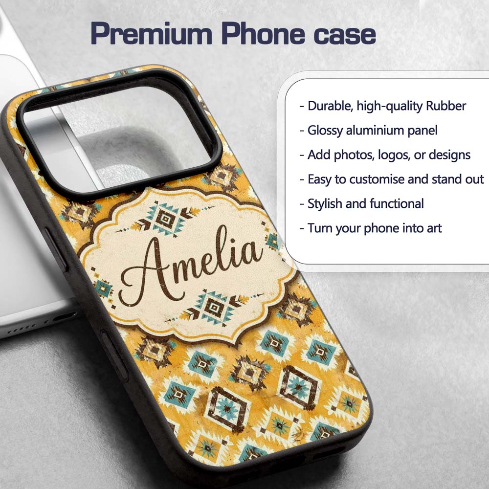Mustard Yellow and Teal Aztec Geometric Tribal Custom Name Protective Phone Case Mobile Cover Durable Everyday Smartphone Shock Resistant