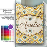 Mustard Yellow and Teal Aztec Geometric Tribal Seamless Pattern  Personalised Custom Name Super Soft Fleece Blanket Bed Sofa Throw