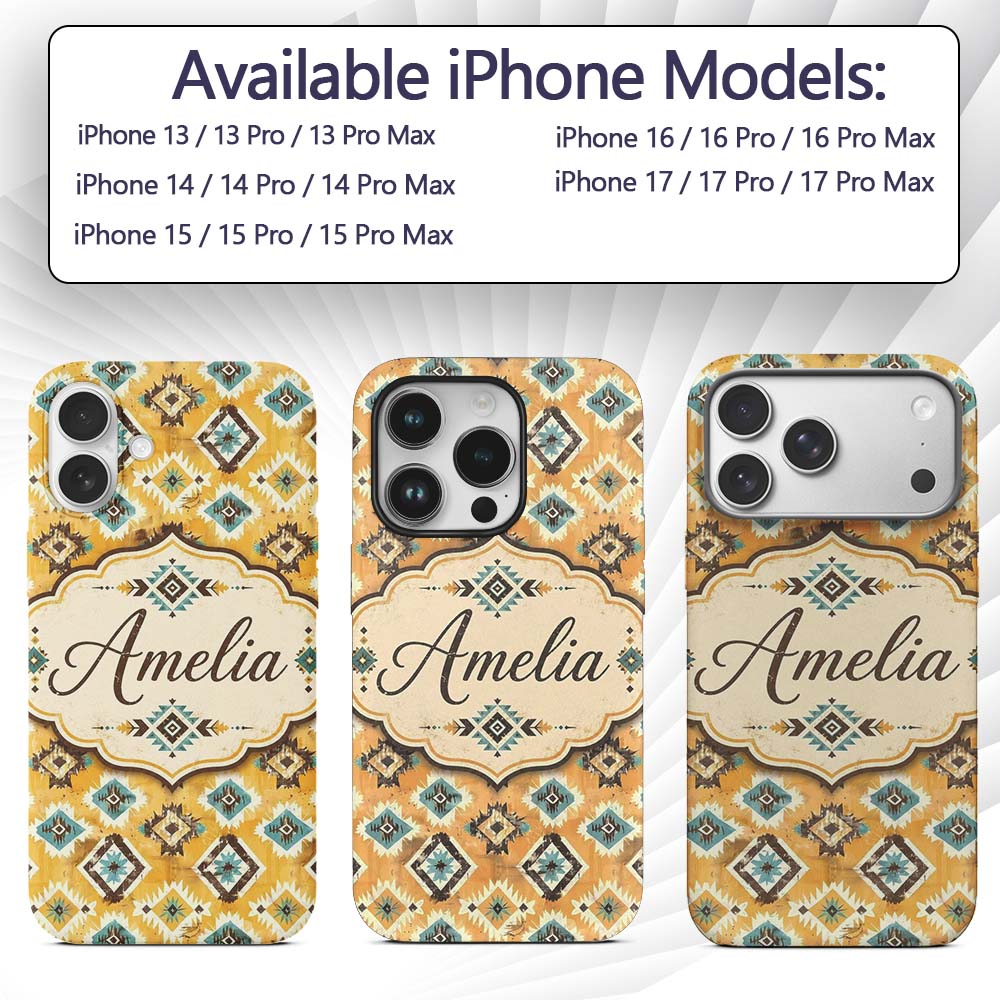Mustard Yellow and Teal Aztec Geometric Tribal Custom Name Protective Phone Case Mobile Cover Durable Everyday Smartphone Shock Resistant