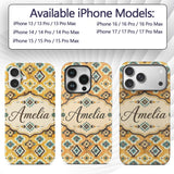 Mustard Yellow and Teal Aztec Geometric Tribal Custom Name Protective Phone Case Mobile Cover Durable Everyday Smartphone Shock Resistant