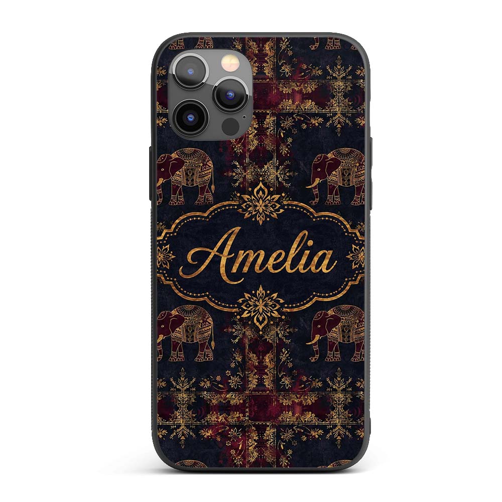 Ornate Gold Elephant and Floral Vintage Seamless Custom Name Protective Phone Case Mobile Cover Durable Everyday Smartphone Shock Resistant