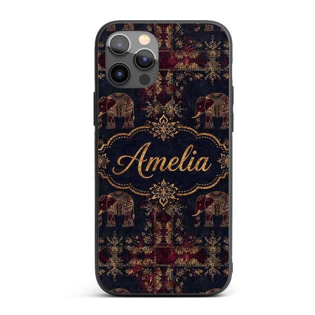 Ornate Gold Elephant and Floral Vintage Seamless Custom Name Protective Phone Case Mobile Cover Durable Everyday Smartphone Shock Resistant
