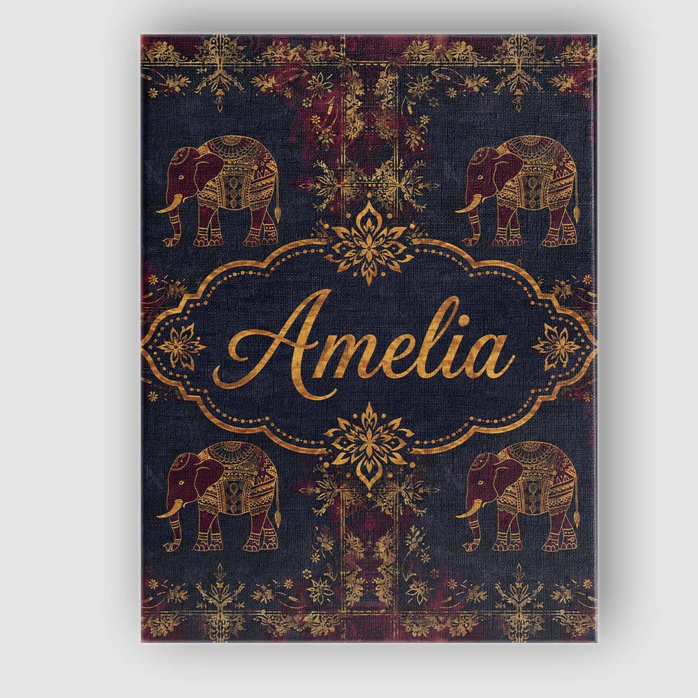 Personalised Name Ornate Gold Elephant and Custom  Unique Gift Idea Elegant Feature Canvas Wall Art Print Decor Picture Ready to Hang