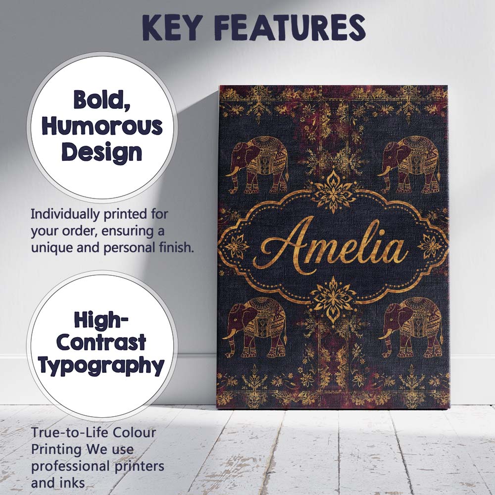 Personalised Name Ornate Gold Elephant and Custom  Unique Gift Idea Elegant Feature Canvas Wall Art Print Decor Picture Ready to Hang
