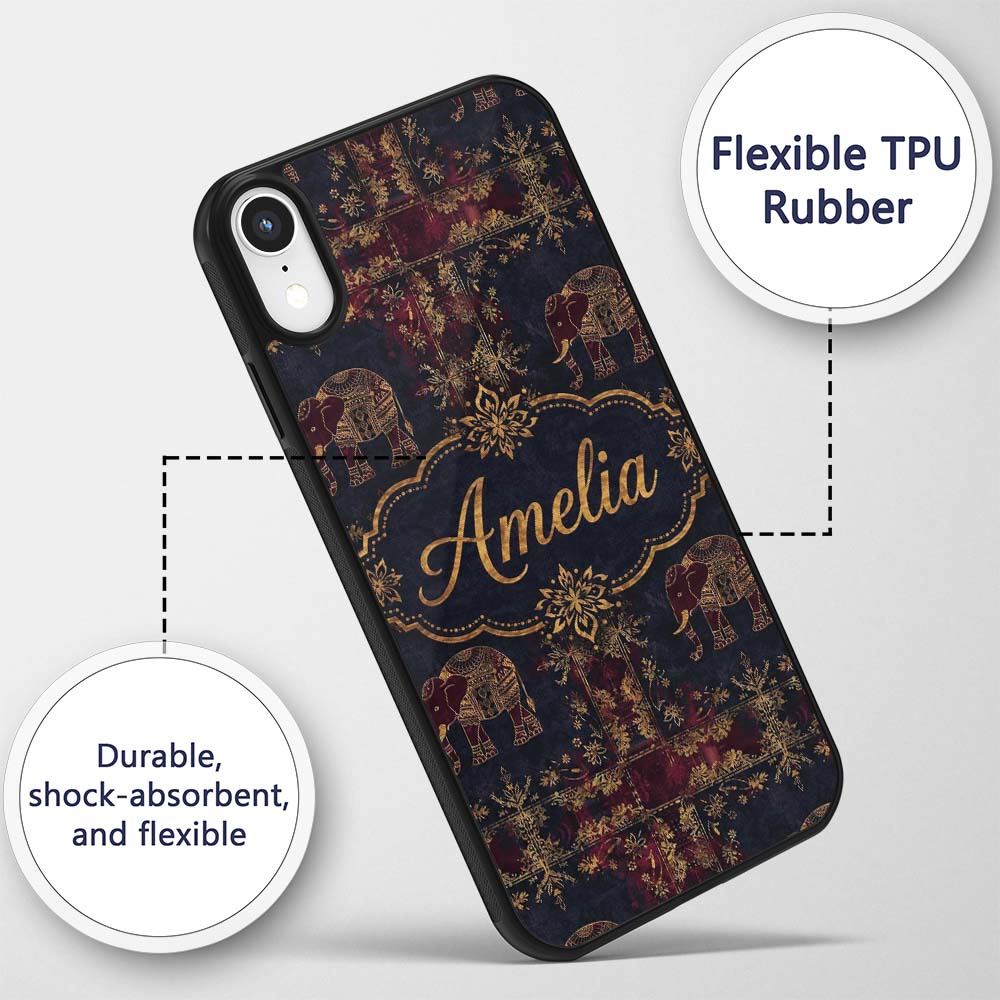 Ornate Gold Elephant and Floral Vintage Seamless Custom Name Protective Phone Case Mobile Cover Durable Everyday Smartphone Shock Resistant