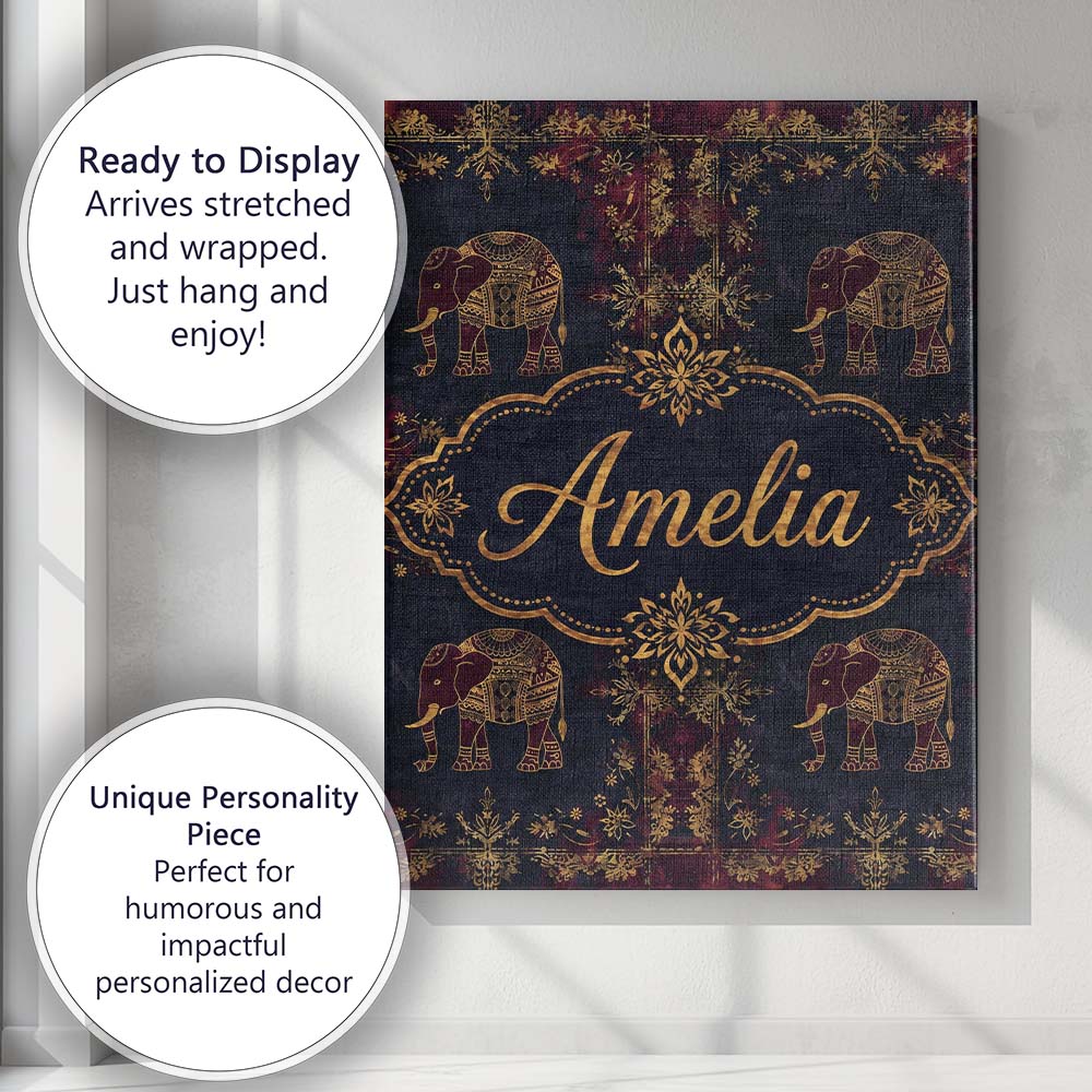 Personalised Name Ornate Gold Elephant and Custom  Unique Gift Idea Elegant Feature Canvas Wall Art Print Decor Picture Ready to Hang