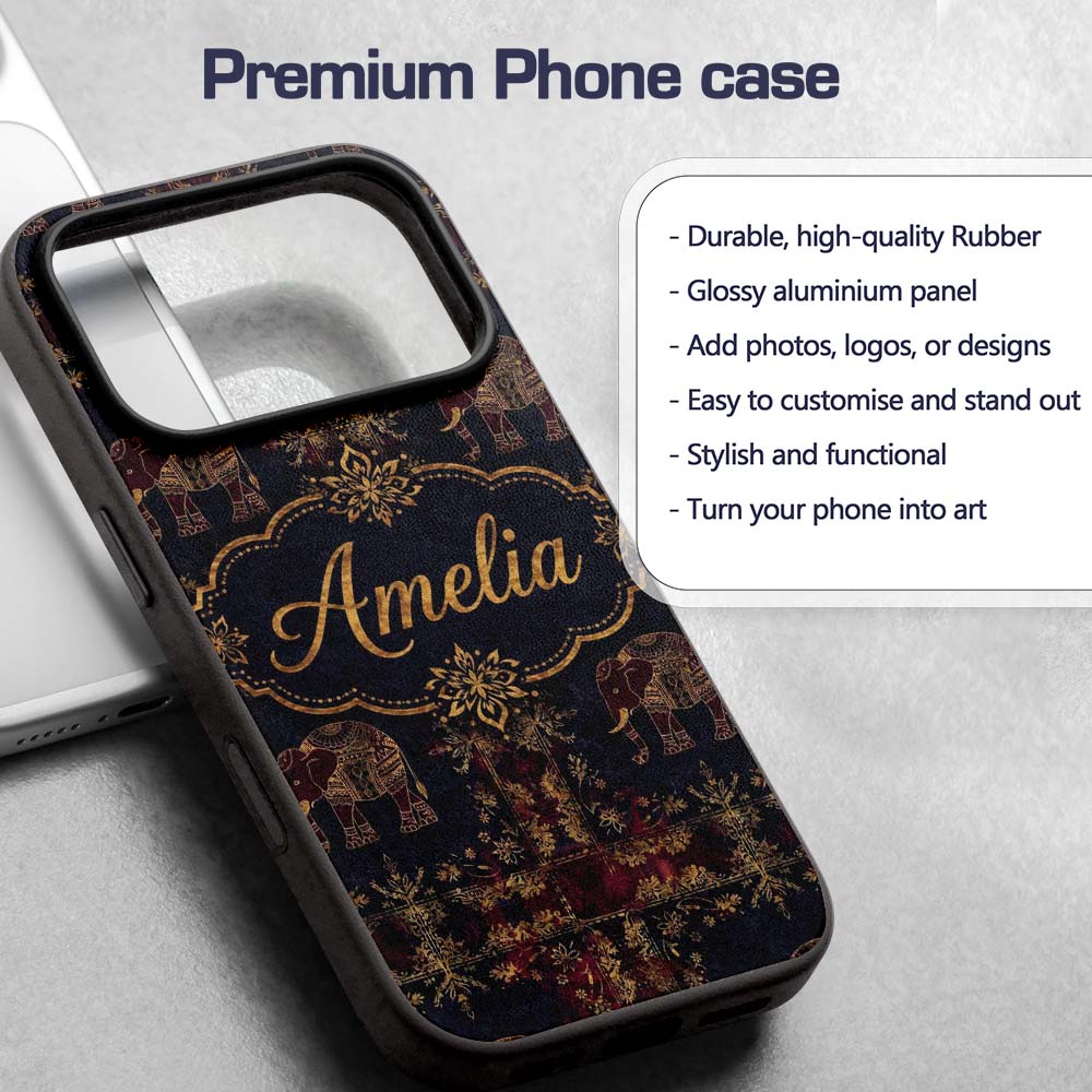 Ornate Gold Elephant and Floral Vintage Seamless Custom Name Protective Phone Case Mobile Cover Durable Everyday Smartphone Shock Resistant
