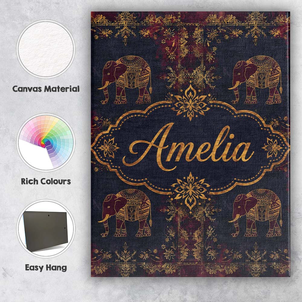 Personalised Name Ornate Gold Elephant and Custom  Unique Gift Idea Elegant Feature Canvas Wall Art Print Decor Picture Ready to Hang