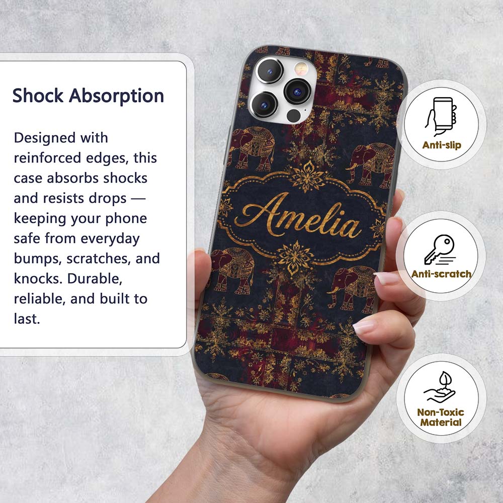 Ornate Gold Elephant and Floral Vintage Seamless Custom Name Protective Phone Case Mobile Cover Durable Everyday Smartphone Shock Resistant