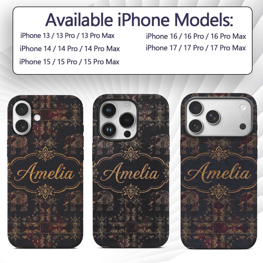 Ornate Gold Elephant and Floral Vintage Seamless Custom Name Protective Phone Case Mobile Cover Durable Everyday Smartphone Shock Resistant